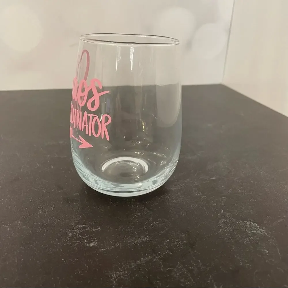 “Chaos Coordinator” Handmade Vinyl Wine Glass Design Stemless 17oz Pink